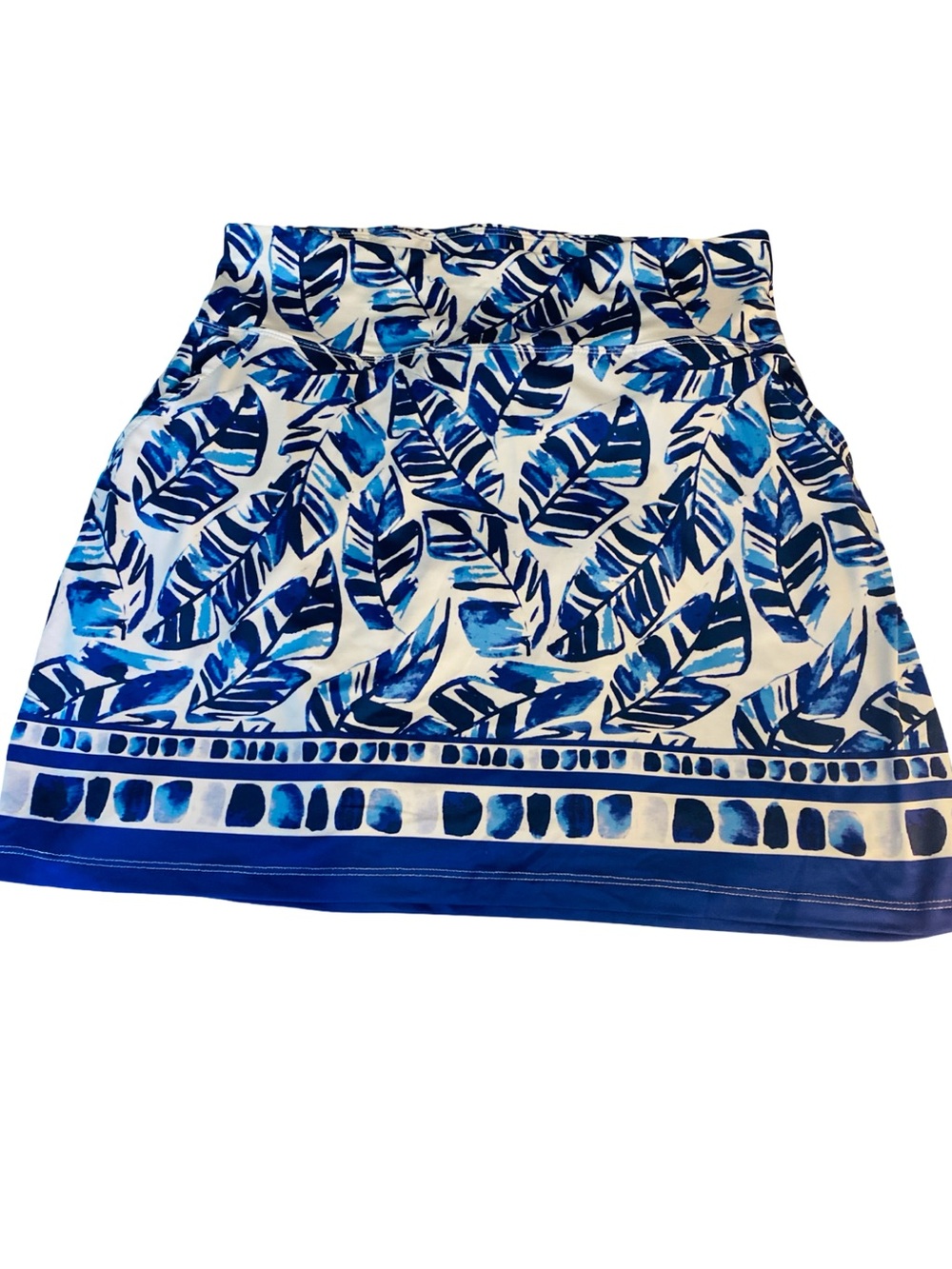 Emerald Blue And White Leaf-Print Skort